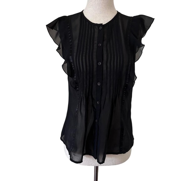 The Unbranded Brand Tops - Ray Beams Black‎ Sheer Pintuck Flutter Sleeve Button Front Blouse Top